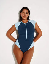 Cap-Sleeve One Piece Swimsuit - Color Block - Last Call